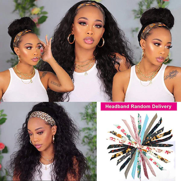 VSHOW HAIR 250% Density Water Wave Headband Wig Scarf Wig No Gel Glueless Curly Human Hair Wigs - Image 3