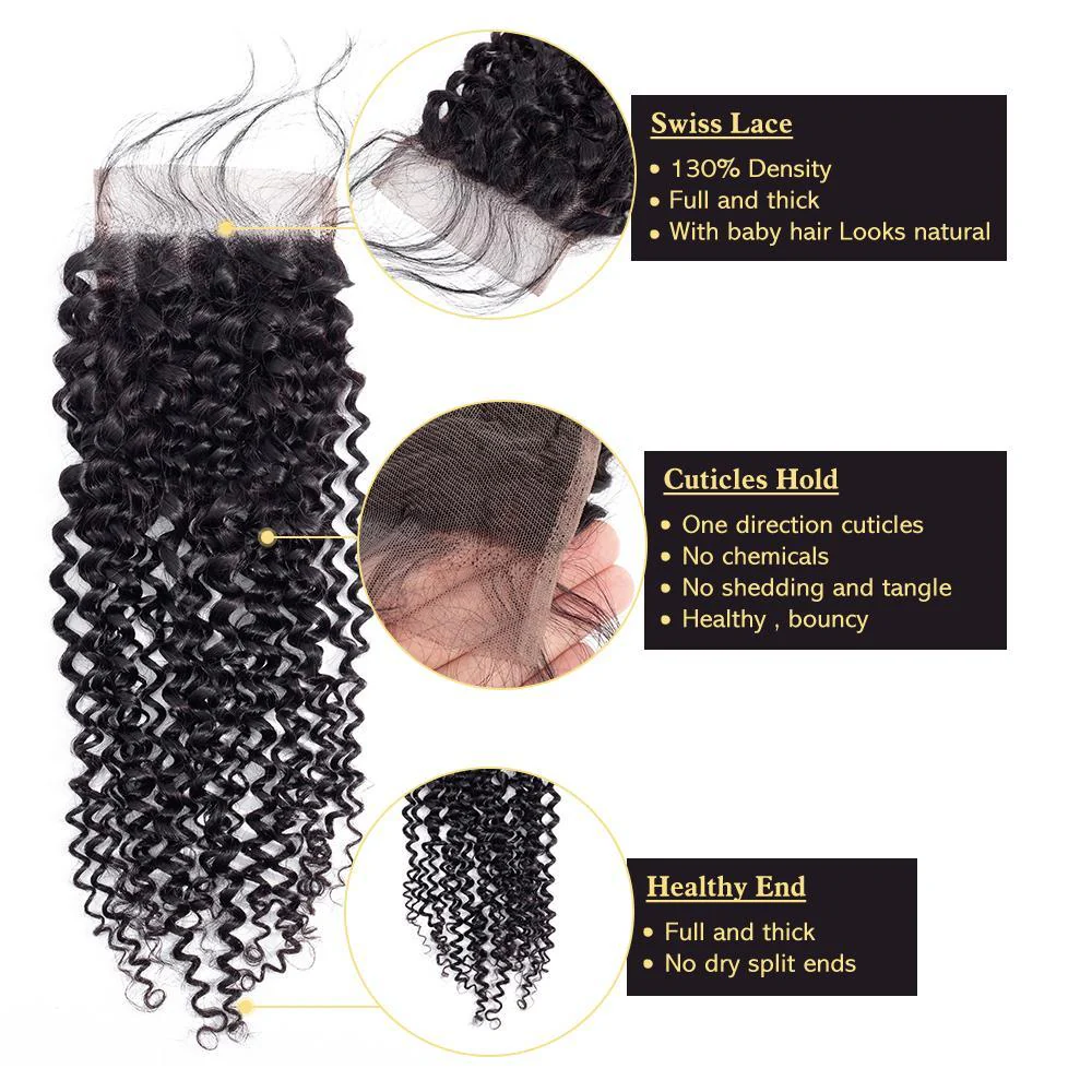 VSHOW HAIR 100% Virgin Human Hair Kinky Curly 4x4 Lace Closure Natural Black - Image 4