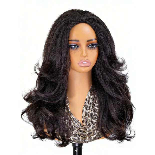 Layered Cut Blow Out Kinky Straight Human Hair Half Wigs With Drawstring Pre Styled Yaki Hair Wigs - Image 4