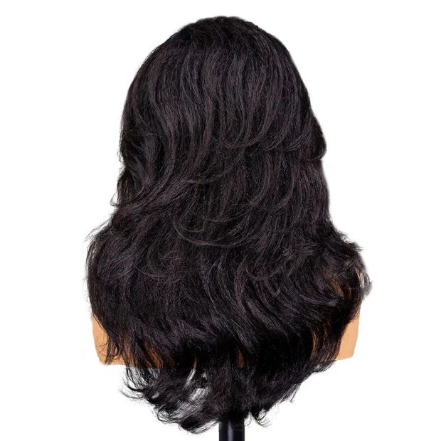 Layered Cut Blow Out Kinky Straight Human Hair Half Wigs With Drawstring Pre Styled Yaki Hair Wigs - Image 5