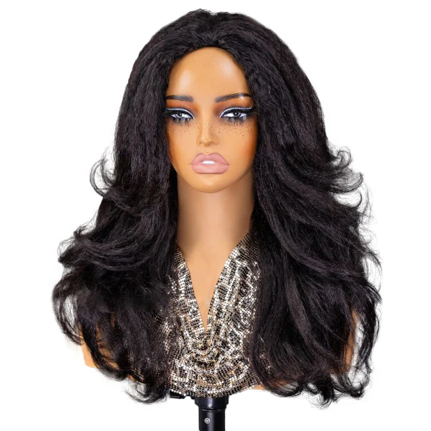 Layered Cut Blow Out Kinky Straight Human Hair Half Wigs With Drawstring Pre Styled Yaki Hair Wigs - Image 6